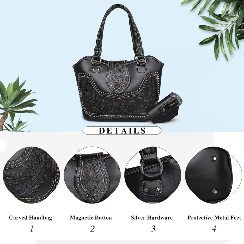 New Women's Vegan Leather Western Tote Bag Tooled Shoulder & Top Handle Handbag - Picture 9 of 10